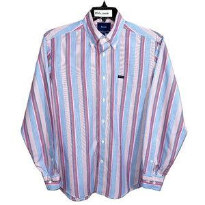 Faconnable Shirt Men’s Size M Blue Red Pink White Stripes Long Sleeve Casual